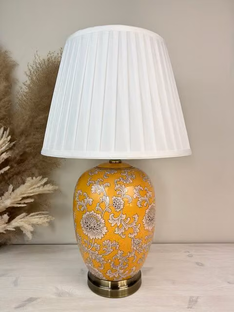 Downton Interiors Yellow and White Floral Ceramic Table Lamp with Pleated Fabric Shade