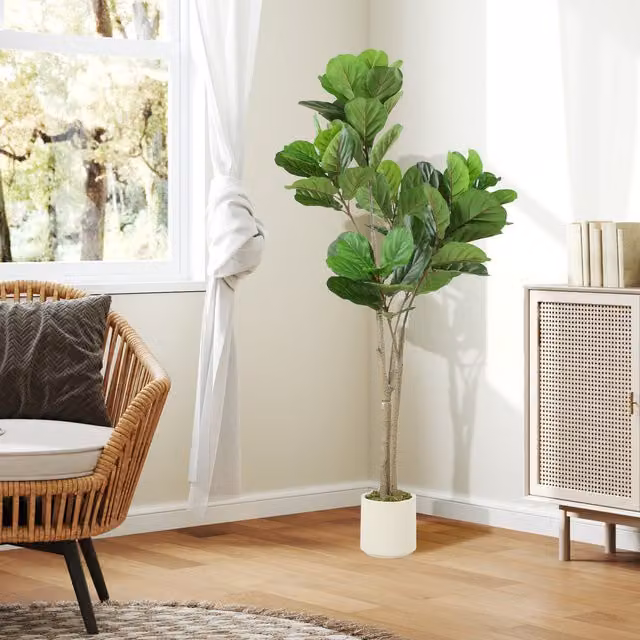 HOMCOM 150 cm Artificial Fiddle Leaf Fig Tree in Green and White with Concrete Base