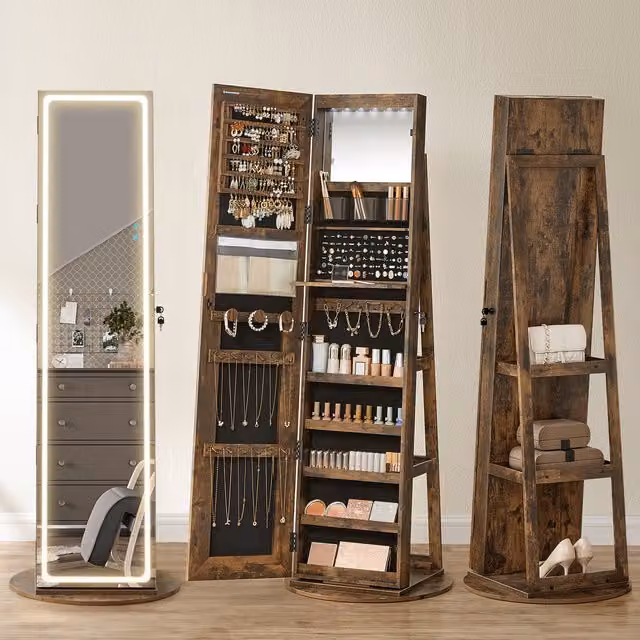SONGMICS Jewellery Cabinet with Full-Length Mirror, Integrated LED Lights and Lock in Bronze