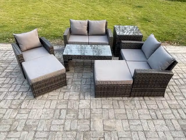 Fimous 7 Seater Outdoor Rattan Patio Furniture Set in Dark Grey Mixed with U-Shape Sofa, Coffee Table and Ottomans