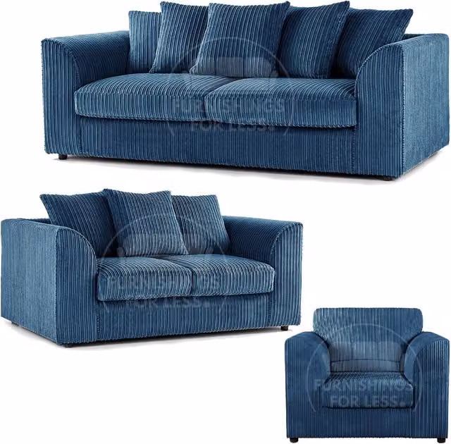 Furnishings For Less UK Luxor 3 Piece Sofa Suite in Blue Jumbo Cord Fabric with Scatter Back Cushions