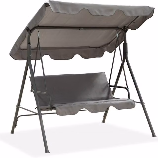 Downton 3 Seater Grey Metal Garden Swing Chair with Sun Canopy and Cushions