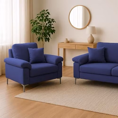 KOSY KOALA Modern Blue Fabric 2 Seater Sofa and Armchair Set with Scatter Cushions