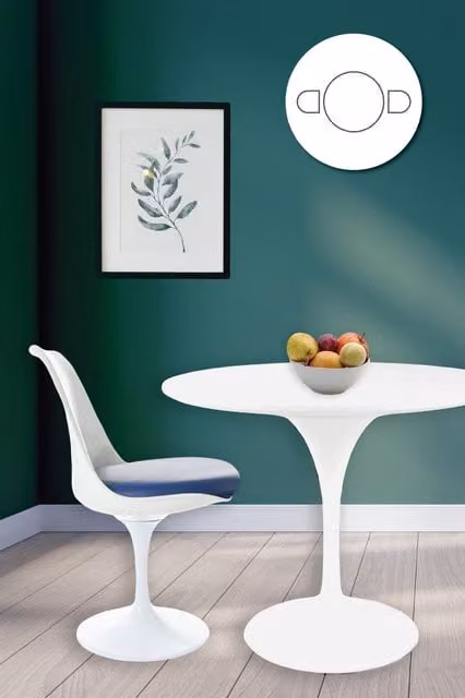 Fusion Living Tulip Dining Set with White Round Table and Two Blue Chairs – 1