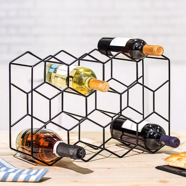 Komore Freestanding Hexagonal Metal Wine Rack in Black