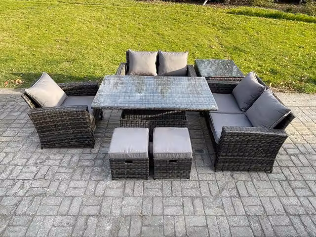 Fimous 7-Piece Rattan Outdoor Garden Furniture Set in Dark Grey with Height Adjustable Lifting Table, Sofa, Side Table and 2 Footstools