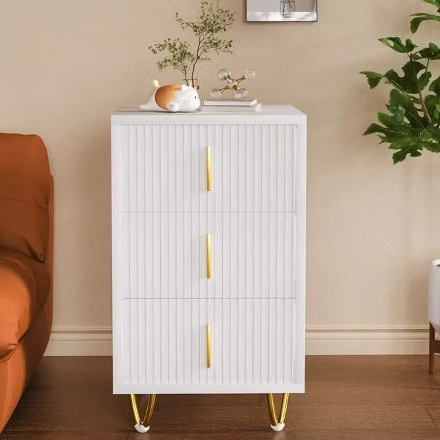 SPETLEK 3 Drawer Bedside Table Cabinet in White and Gold, W/D/H: 40 x 40 x 66 cm – 1