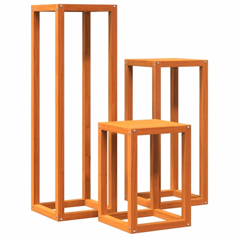 Berkfield Home Set of 3 Waxed Brown Solid Wood Pine Plant Stands – 2