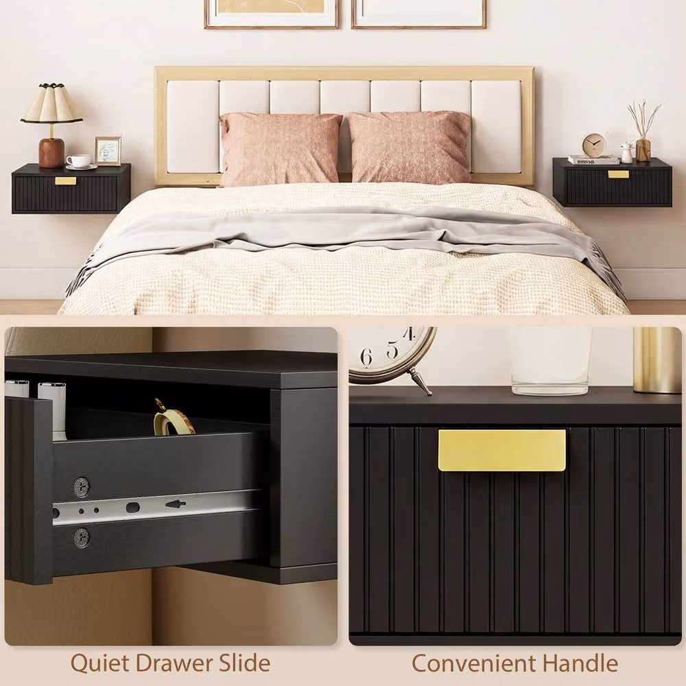 STILVORA Set of 2 Black Floating Bedside Tables with Drawer – 6