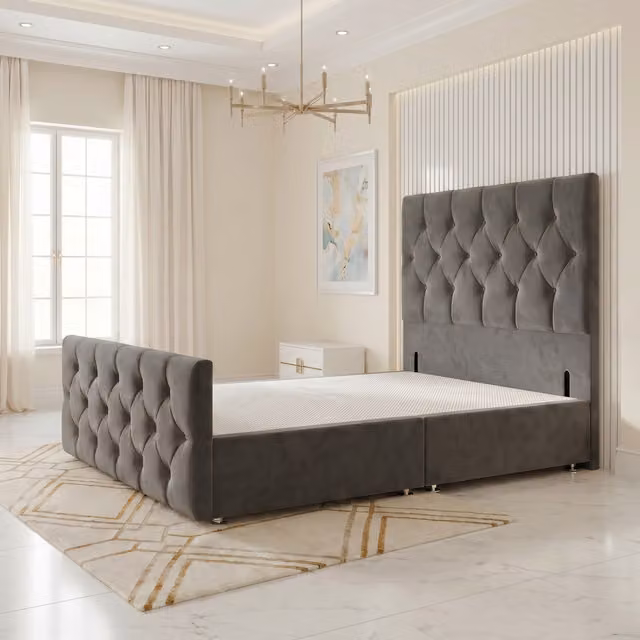 Somnior Beds Ltd Chesterfield Velvet Divan Bed Base with Drawers and Headboard, Grey, W/D/H: 120 x 200 x 34.5 cm
