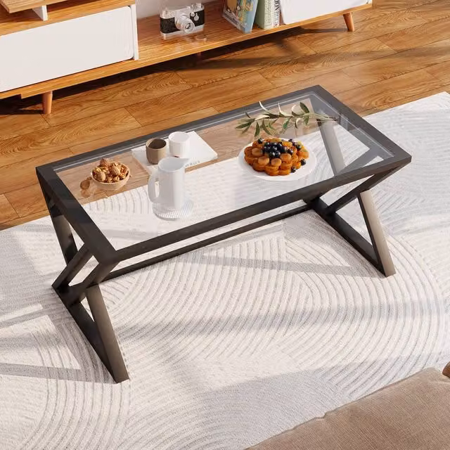 Huhote Rectangular Glass Coffee Table with Black Metal Frame in Clear and Black