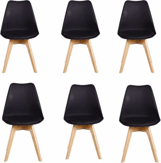 Life Interiors Set of 6 Tulip Dining Chairs with Black Synthetic Leather Padded Seats and Solid Wood Legs