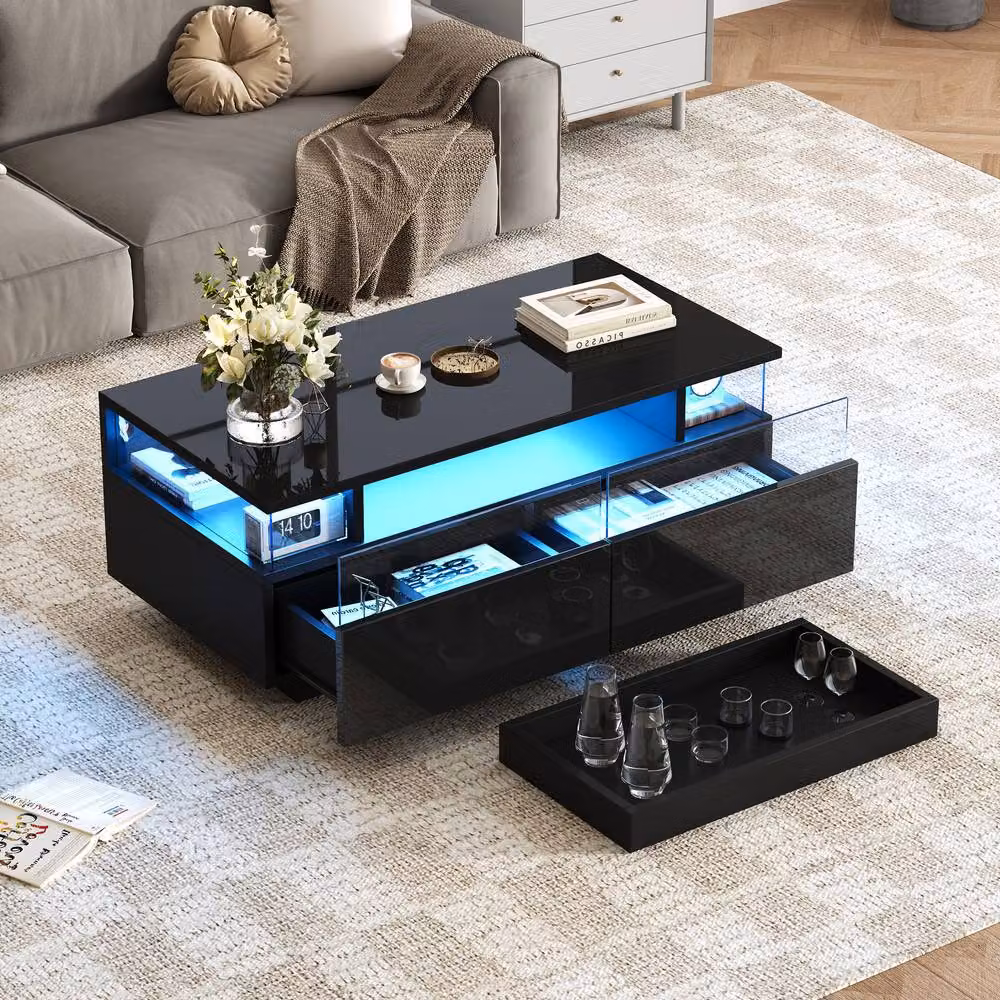 Merax High Gloss LED Coffee Table with Removable Tray and Glass Sides in Black, W/D/H: 90 x 45 x 35.5 cm – 2