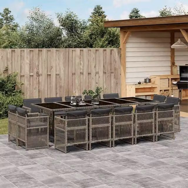 Berkfield Home 15 Piece Grey Poly Rattan Garden Dining Set with Glass Table and Cushions – 1