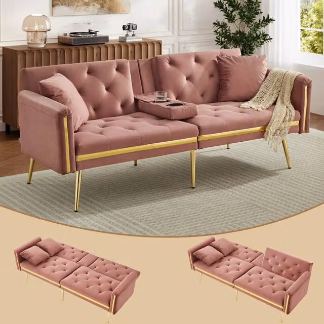BTM Pink Velvet Two Seater Sofa Bed with Adjustable Headrest and Cup Holders, W/D/H: 174 x 150 x 76 cm