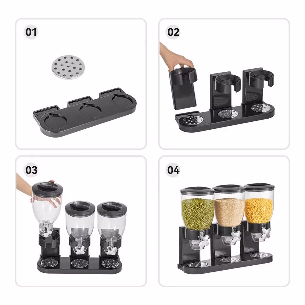 VOGREX Triple Dry Food and Cereal Airtight Storage Dispenser in Black – 3
