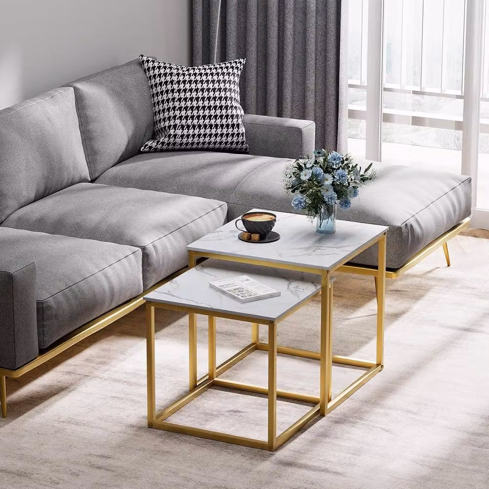 Huhote Set of 2 Nesting Side Tables with White Marble Finish Top and Gold Metal Frame – 5