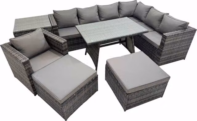 Fimous Modern Rattan Patio Furniture Set in Dark Grey with Dining Table, Chairs, 2 Big Stools and Side Table