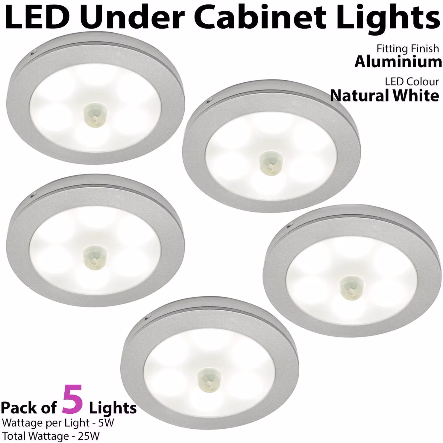 Loops 5x Aluminium Ultra-Slim Round Under Cabinet Kitchen Light and Driver Kit with Motion Sensor in White – 2