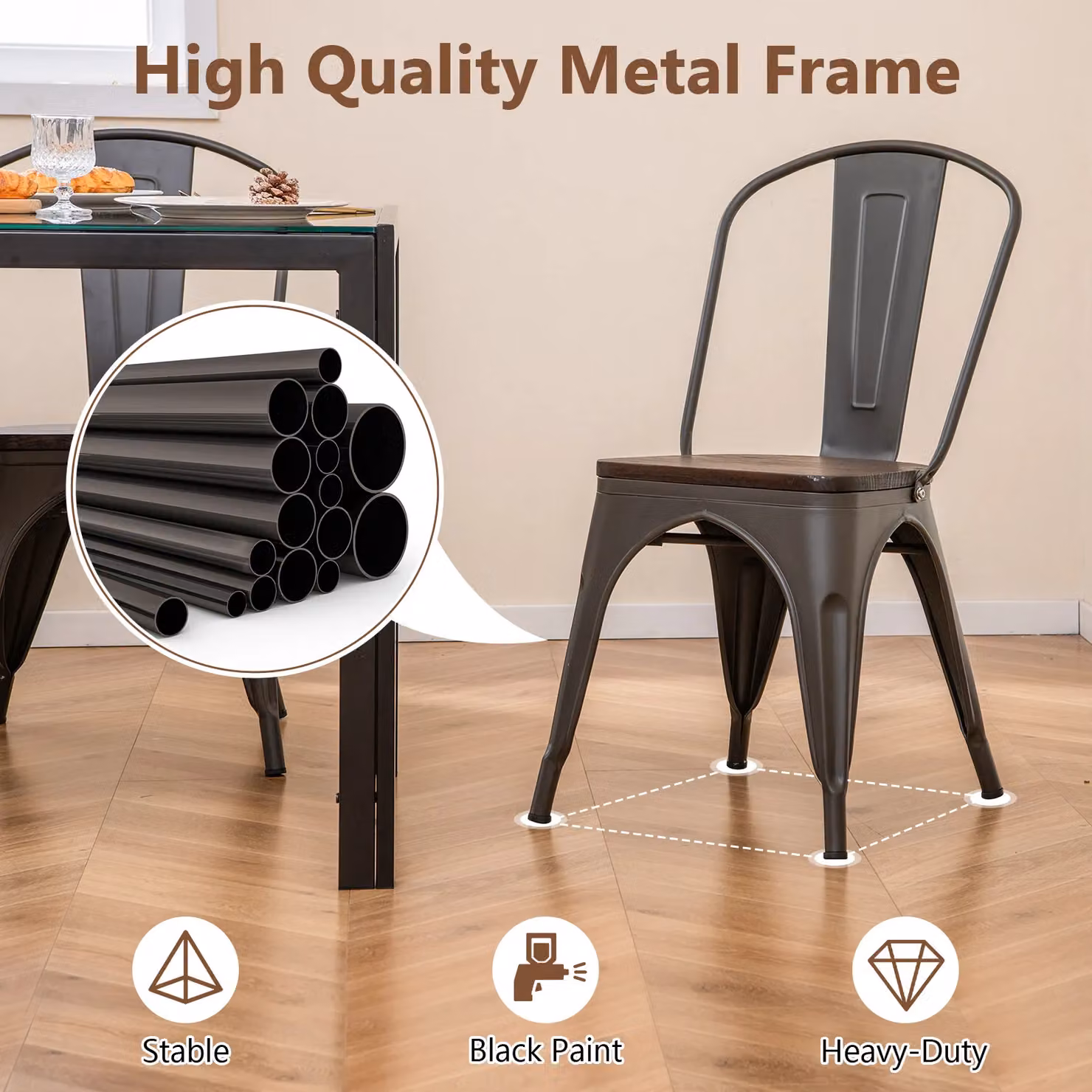 Gymax Set of 4 Stackable Metal and Wood Industrial Dining Chairs in Grey – 4