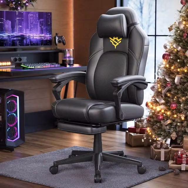 SONGMICS Gaming Chair with Footrest and Headrest in Black and Gold