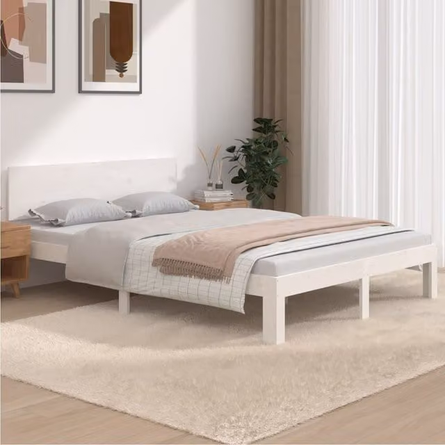 Berkfield Home Modern White Solid Pine Wood Double Bed Frame W: 135 cm, L: 190 cm – 1