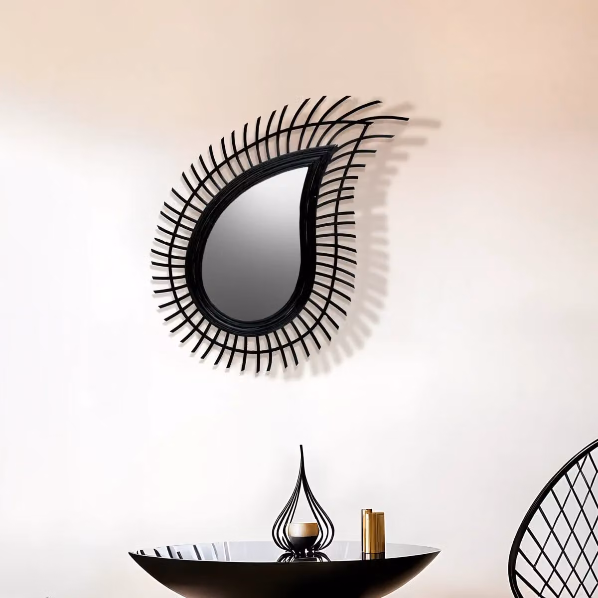 Premier Housewares Teardrop Black Rattan and Wood Wall Mirror – 7