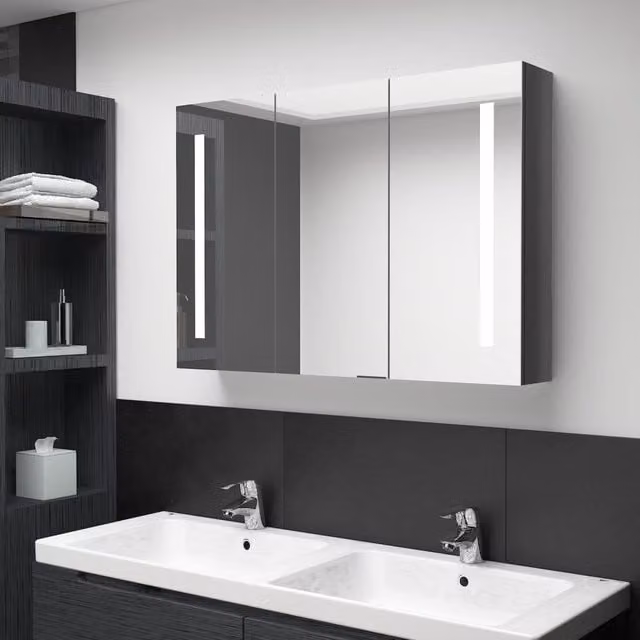 Berkfield Home LED Bathroom Mirror Cabinet in Glossy Grey, W/D/H: 89 x 14 x 62 cm
