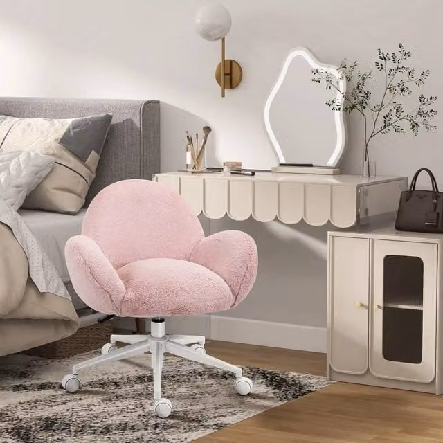 EONLION Pink Fluffy Fabric Leisure and Office Task Chair with Armrests and Swivel Function – 1