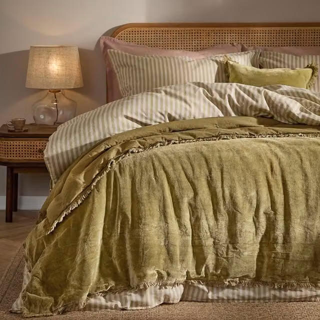 Yard Jaye Green Fringed Cotton Velvet Bedspread