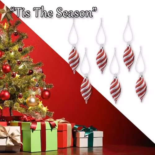 VFM e-Store Christmas Glass Hanging Pendant Decorations in Red and White Striped Geometric Patterns, Pack of 6 – 5