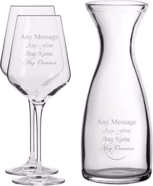 Uniqueful Personalised Engraved Set of 2 Infinity Wine Glasses and 1 Litre Clear Glass Carafe