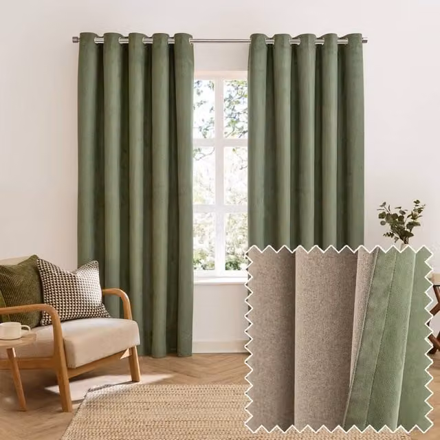 Furn Verso Reversible Suede-Look Blackout Eyelet Curtain Pair in Green, Width: 117 cm, Drop: 183 cm – 2