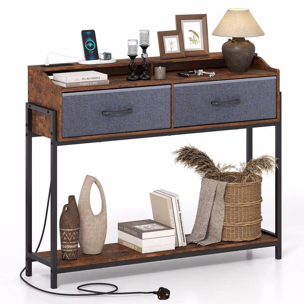 Costway Industrial Brown Console Table with Charging Station for Living Room or Hallway – 8