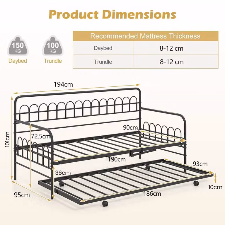 Costway Single Metal Daybed with Trundle and Curved Backrest in Black
