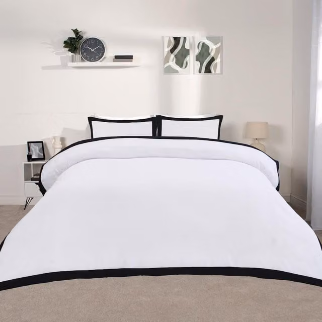 OHS Microfibre Contrast Border Duvet Cover and Pillowcase Set in Black and White, W: 180 cm, D: 200 cm – 5