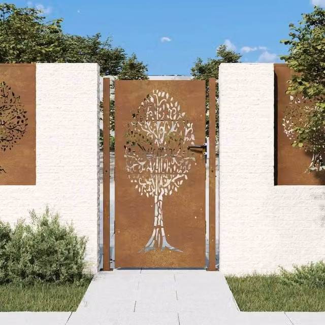 Berkfield Brown Corten Steel Garden Gate with Tree Design, W: 105 cm, H: 180 cm – 1