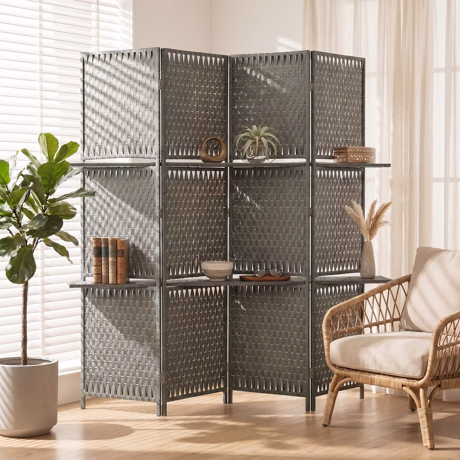 HOMCOM Wave Fibre Freestanding Folding Privacy Screen Room Divider, Grey – 2