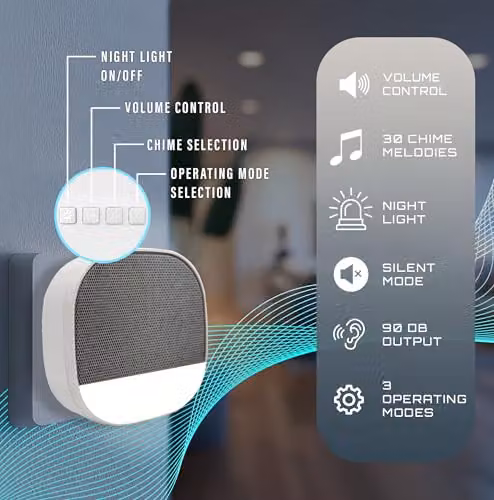 Uni-Com Wireless Battery Free Plug-in Door Chime with Built-in Night Light and Self-Powered Kinetic Bell Push, White – 3