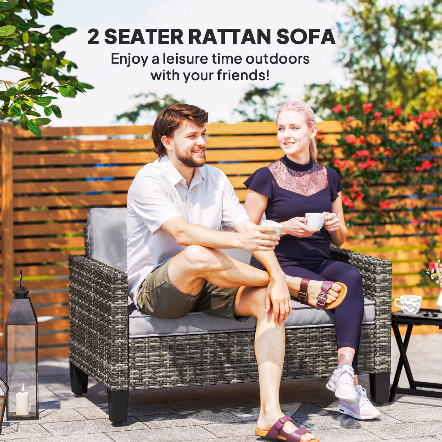 Outsunny Two-Seater Rattan Outdoor Sofa in Grey with Powder Coated Steel Frame and Removable Fabric Cushions – 4