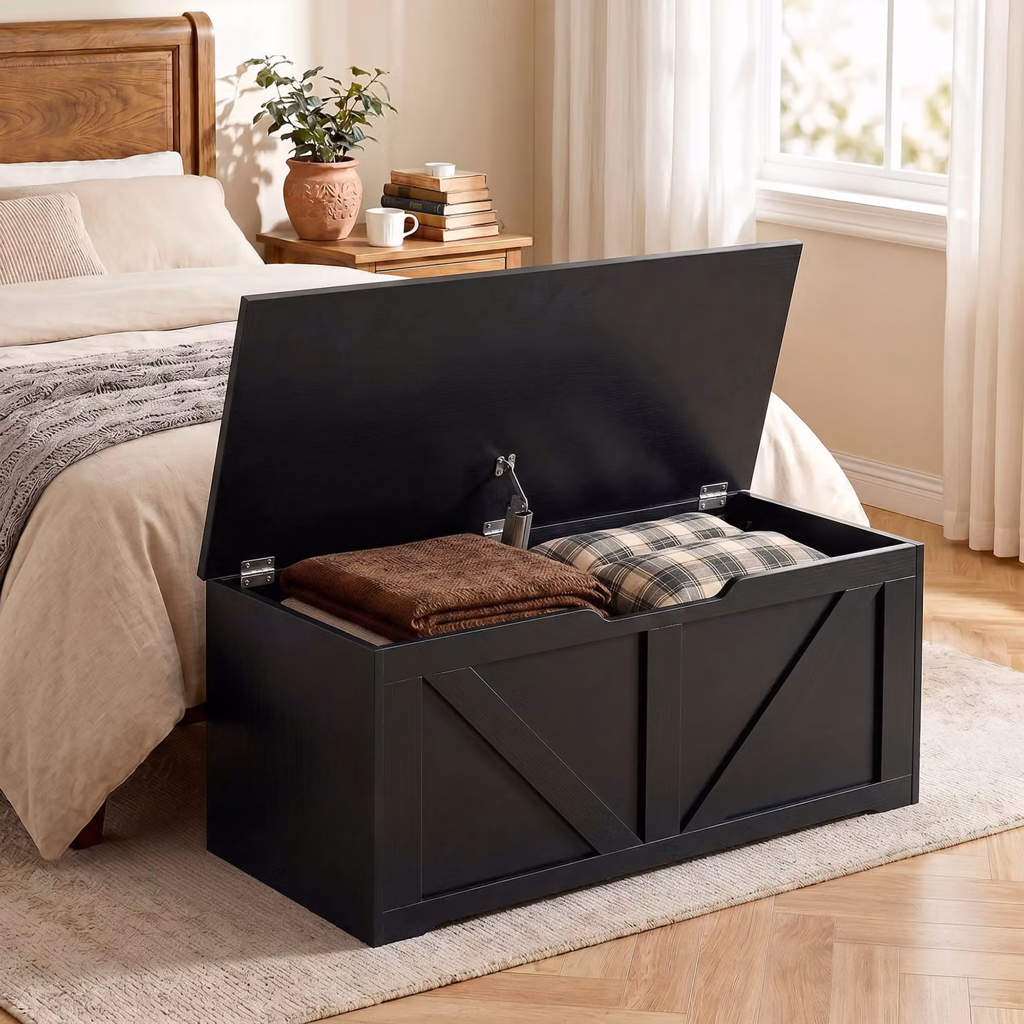 HOMCOM 100L Home Storage Box with Soft-Close Safety Hinge in Black Wood-Effect, W/D/H: 80 x 45 x 136 cm – 2