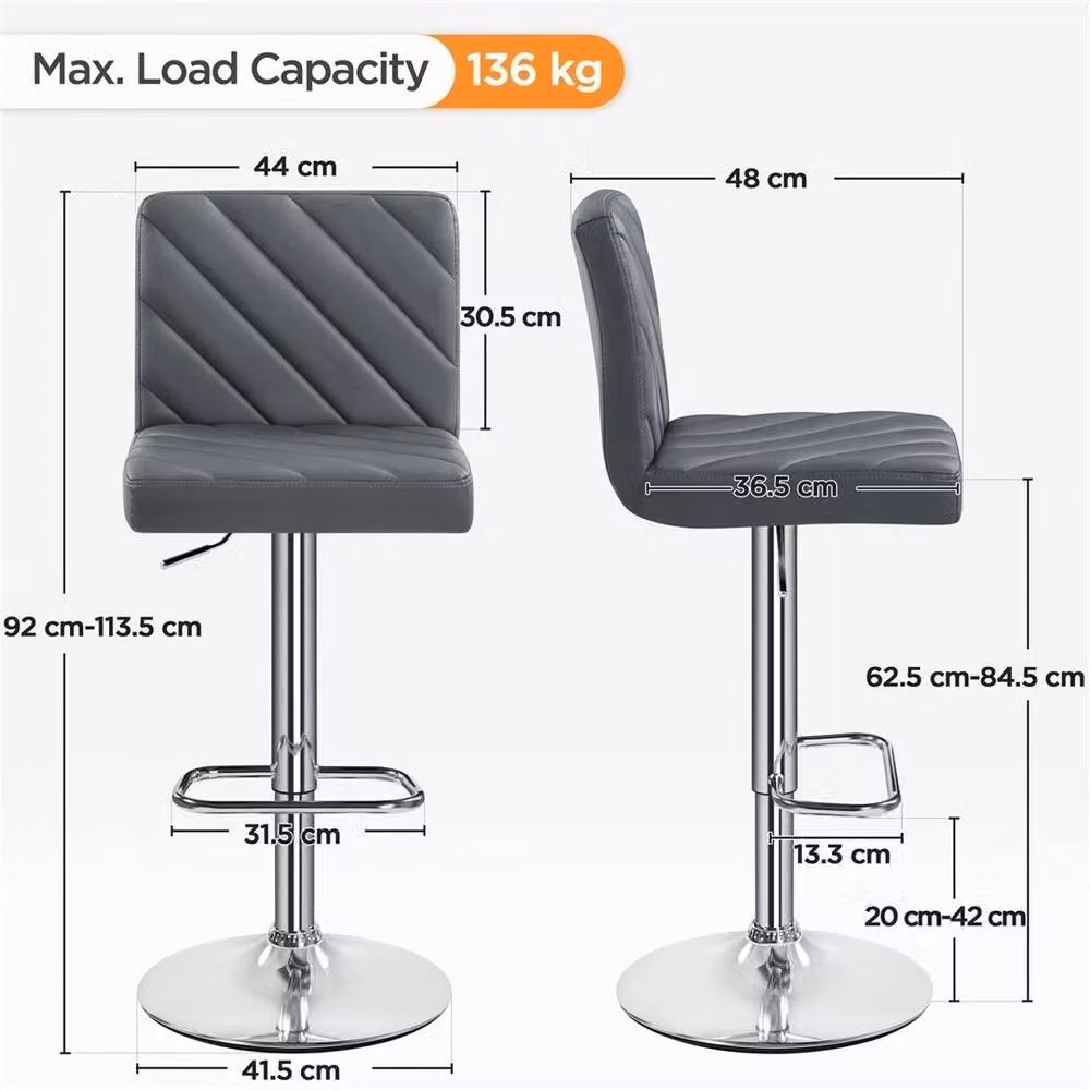 KORVIXA Set of 2 Modern Grey Synthetic Leather Kitchen Bar Stools with 360 Degree Swivel and Metal Base – 2