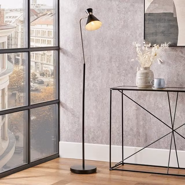 Pacific Lifestyle Modern Metal Floor Lamp in Black and Silver with Adjustable Height and Cone Shade