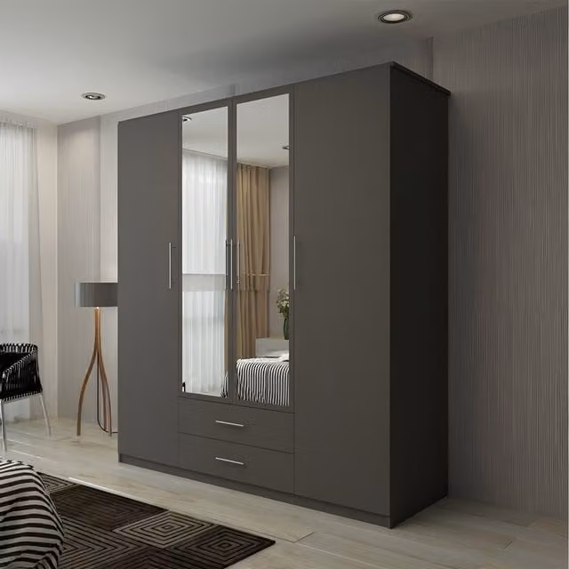 Sliding Wardrobes 4 U Modern 4 Door Hinged Wardrobe with Mirror and Drawers in Grey, White or Black, H 198 cm x W 171 cm x D 59 cm