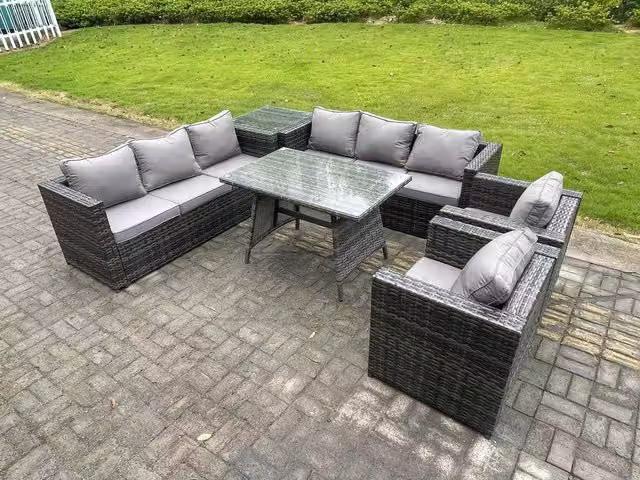 Fimous 8 Seater Rattan Outdoor Garden Dining Set in Dark Grey with Patio Dining Table, 2 Armchairs and Side Table