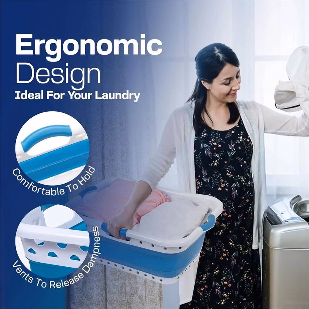 Nordara Blue and Grey Collapsible Pop-Up Laundry Basket with 3 Handles, 58L – 3