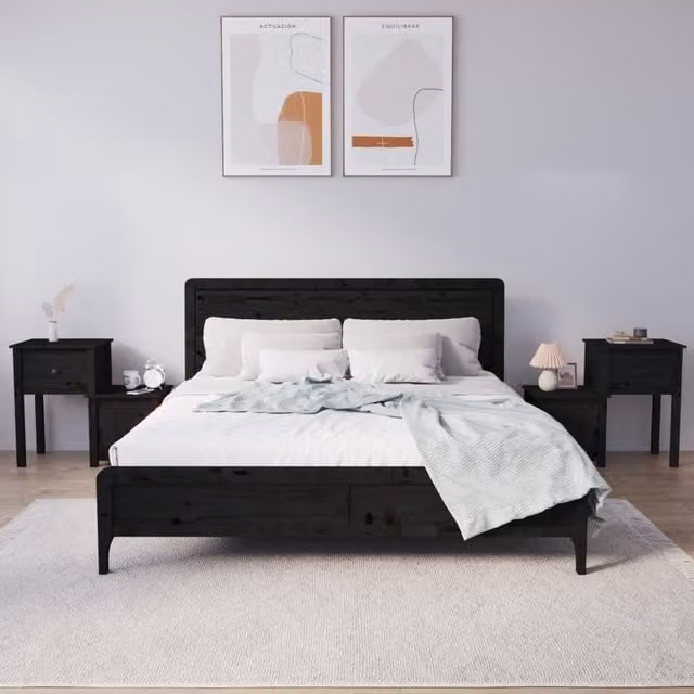 Berkfield Home Set of 2 Black Rustic Solid Wood Pine Bedside Cabinets W/D/H: 79.5 x 38 x 65.5 cm