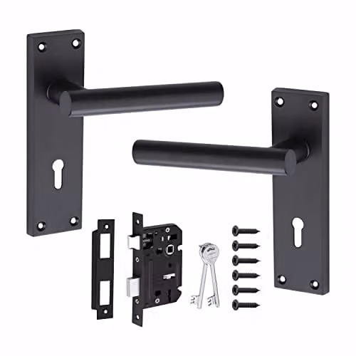 Golden Grace T-Bar Lever Backplate Door Handle Key Lock Set in Matt Black – 1
