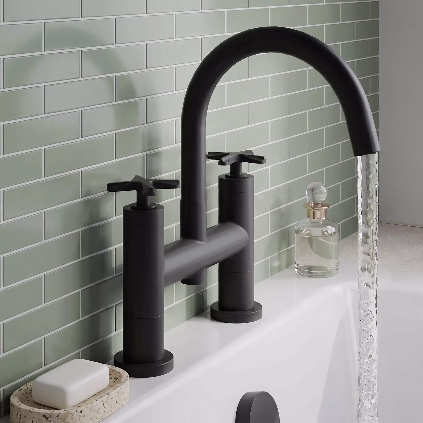 Balterley Connect Matt Black Waterfall Bath Filler Tap with Two Crosshead Handles – 3