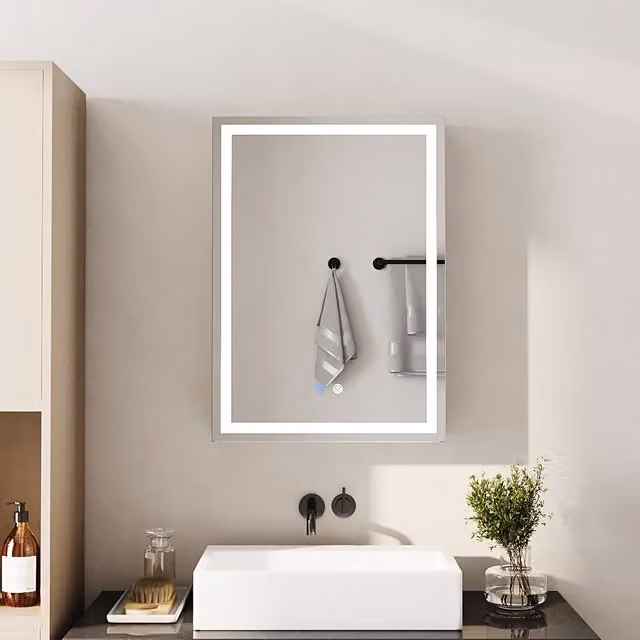 Livingandhome Modern Single-Door Wall-Mounted Bathroom Mirror Cabinet with LED Lighting and Anti-Fog Function in Silver